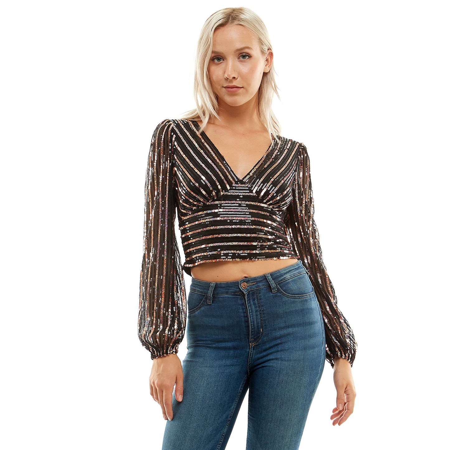 Cropped Long Sleeve Striped Sequin V-Neck