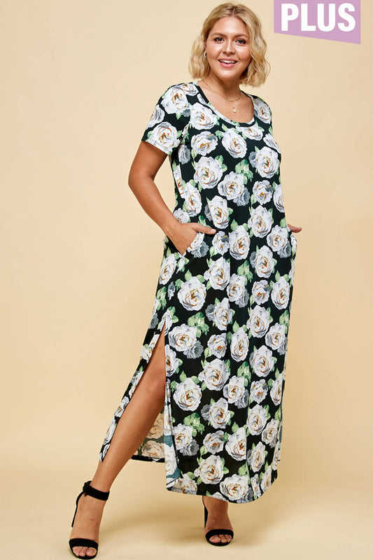 Black & Ivory Floral Short Sleeve Side Slit Maxi Dress