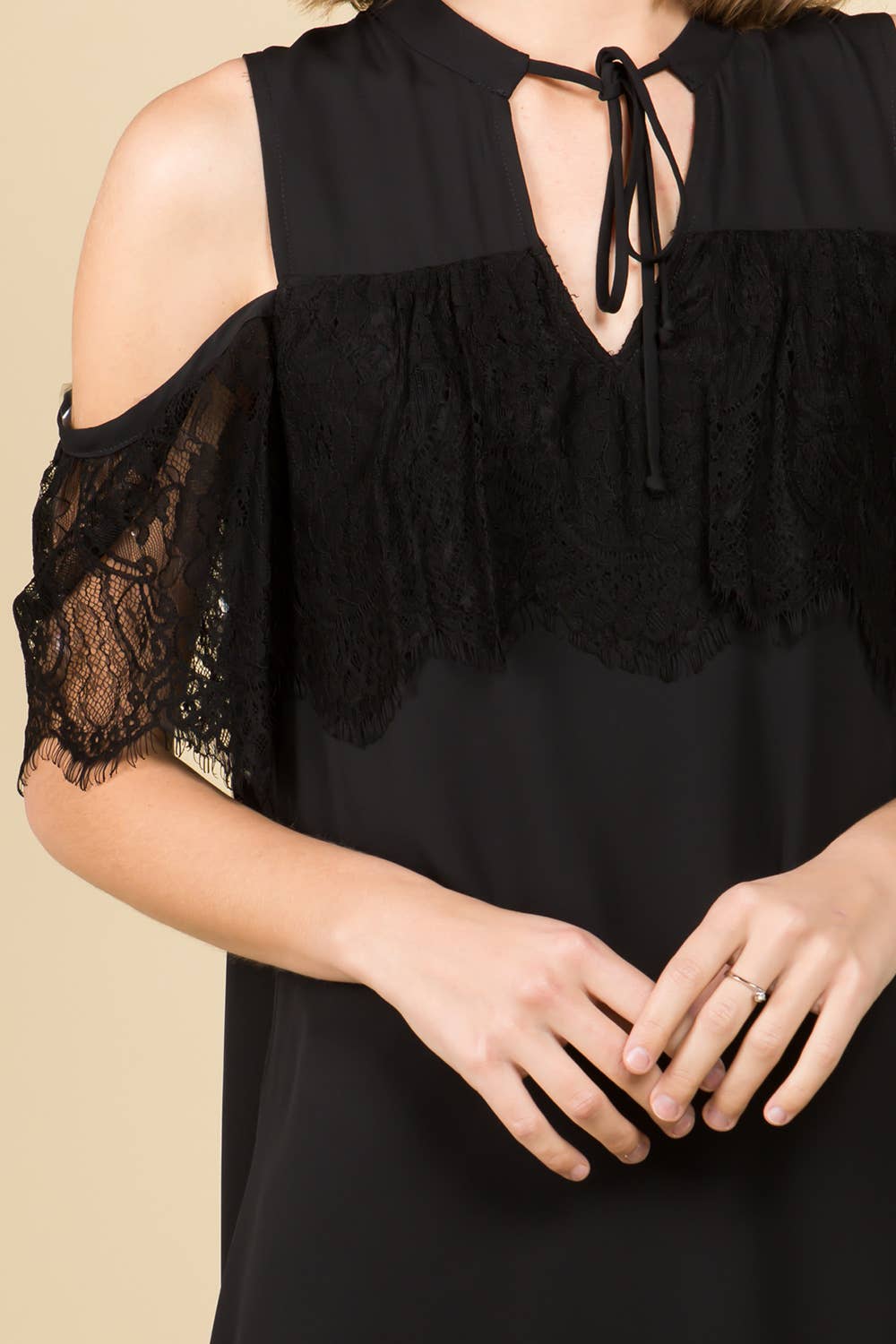 All Season Tie Front Mock Neck Lace Ruffle